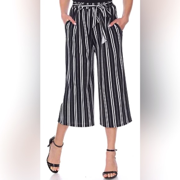 Women’s Palazzo Pants Black/White Striped-Belted/Pockets-LARGE - Picture 1 of 6